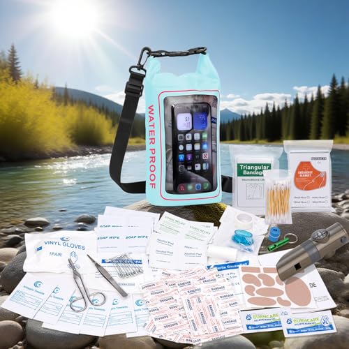 154 Pieces Waterproof Boat First Aid Kit Dry Bag with Out Bags Pouch Roll Top Boat Emergency Kit 2-in-1 for Camping Fishing Kayaking Swimming Rafting - color: Mintgreen