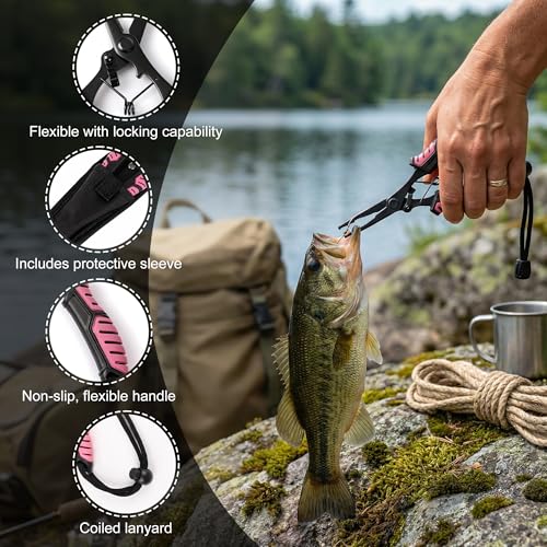 Fishing Gear Set for Women, 6PCS Fishing Accessories Tool Kit with Fish Lip Gripper & Pliers, Ice Pink Fishing Gear for Freshwater Saltwater, Gift for Fishermen,Gripper Fishing Gifts for Men