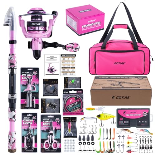 Goture Pink Fishing Rod and Reel Combo - ML Action Spinning Reel Pole with Pink Bag - Telescopic Rod Kit for Starter Travel Saltwater Freshwater, Gift for Woman - color: Pink Pole - Duffle Bag (w/ Bottle Opener), size: 6FT/1.8M