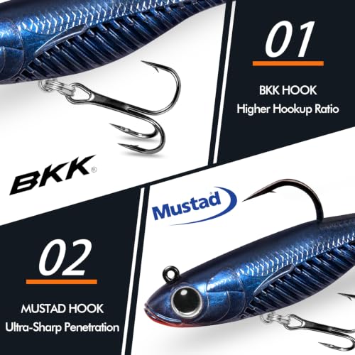 TRUSCEND Duramax TPE Soft Fishing Lures with BKK Hooks, Easy Catch Curly & T-Tail for Trembly Sinking & Vibrating Swim, UV or Glow Effect for All Conditions, Pre-rigged Swimbait for Bass Trout Crappie - color: A4-6'',1-3/4oz