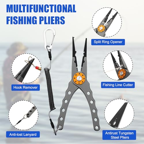 VioraWhite 8 Pieces Fishing Tools Kit Fish Hook Remover Set Include Fishing Pliers Lip Gripper Multifunction Scissors Gloves Towel Keychain Hook for Men Women Gifts - color: Black