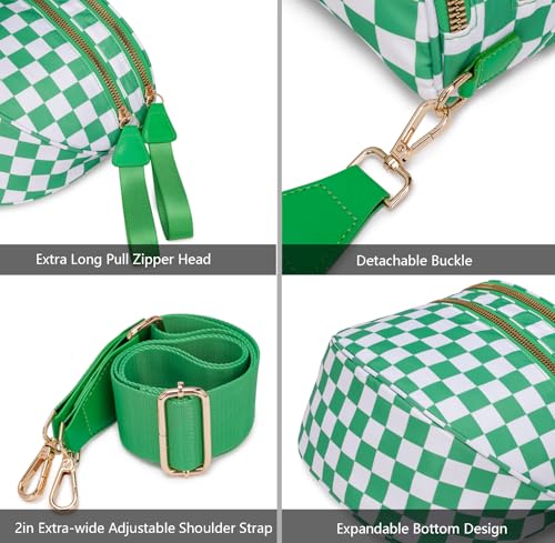 Pure Colour Crossbody Bum Bags for Women Spacious Checkered Cross body Bag Nylon Trendy Fanny Pack for Travel - color: Green Checkered