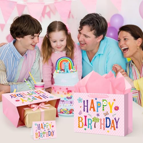 Hooqict Large Pink Gift Bag Happy Birthday Gift Wrap Bag with Handles, Tissue Paper, Greeting Cards for Kids Girls Women Pink Birthday Party Mom Mothers Day Bags - color: Pink Happy Birthday