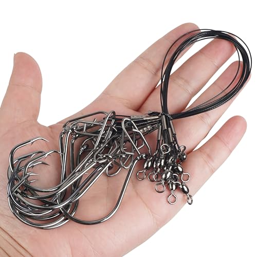 AGOOL Circle Hooks Rigs Saltwater Stainless Steel Leader Wire, 20pcs Heavy Duty Circle Hook with Leader Wire Bass Catfish Fishing Lure Rig for Catfish, Shark, Surf & Bottom Fishing 8/0
