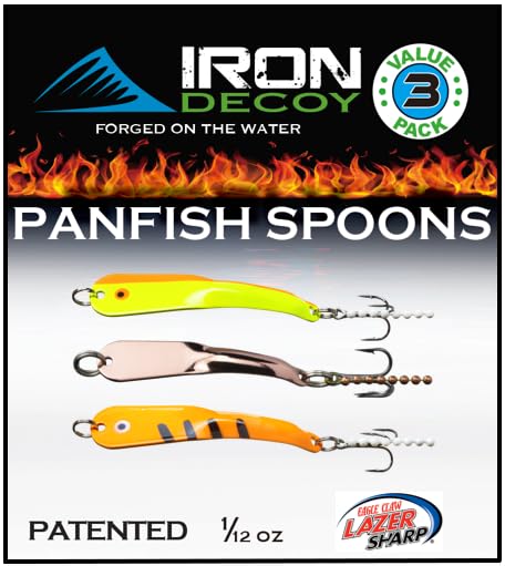 IRON DECOY Spoon Fishing Lures 3-Pack, Multi-Species Metal Spoons for Trout, Walleye, Bass, Salmon, Pike, Ice Fishing & Trolling, Vibrating Spoon Lure Kit - color: Panfish, 1/12 oz