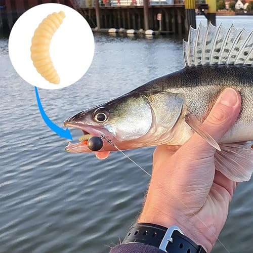 150PCS Fake Worms for Fishing, 20MM Fake Maggots, Fishing Soft Plastic Lures, Micro Lures for Freshwater Ice Lure Fishing Bass, Halloween Decoration