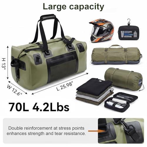 Waterproof Duffel Bag, 70L Large Motorcycle Dry Backpack, Heavy-Duty Roll Top Waterproof Luggage Duffle Bags with Straps & Handles, Waterproof Gear Bag for Kayaking, Rafting, Camping, Motorcycle