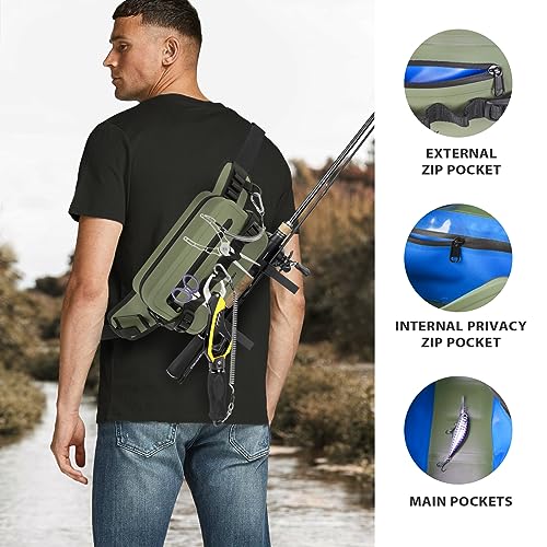THKFISH Waterproof Fishing Waist Pack with Fishing Rod Holder, Airtight Zipper Closure, Lightweight Sling Fishing Waist Bag for Fly Fishing - color: Green