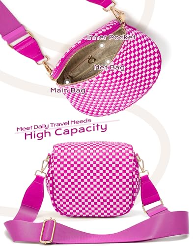 Trendy Woven Checkered Crossbody Bum Bag for Women，PU Leather Checkered Purse Fanny Packs Belt Bag (Woven Bum Bag - Rose White) - color: Woven Bum Bag - Rose White