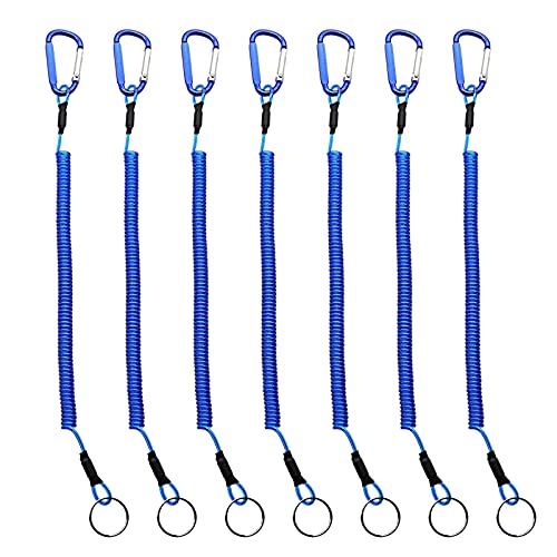 Fishing Lanyards, 7PCS Retractable Steel Wire Coiled Lanyard Safety Fishing Tool Ropes Accessories with Buckle Clip and Split Ring for Pliers Lip Grips Tackle, Boating, Kayak - color: Blue