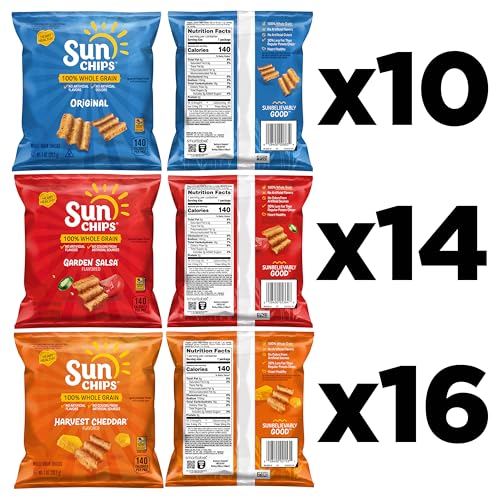 SunChips 100% Whole Grain Chips, Variety Pack, 1 oz Bags, Pack of 40, No Artificial Flavors, Colors - size: 40 Count (Pack of 1)