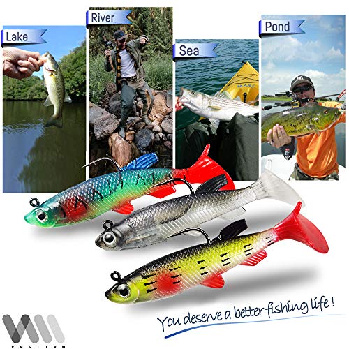Soft Fishing Lures Shad Minnow Swimbaits, Pre-Rigged Jig Heads Paddle Tail Swim Baits for Bass, Trout, Walleye, Crappie, Sinking Jigs Bait for Saltwater Freshwater, Fishing Gifts for Men - color: A5-Weedness Pre Rigged Swim Baits-5pcs-3.15inch