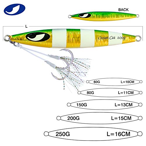 OCEAN CAT Slow Fall Fishing Luers Mental Lead Jigging Sea Baits Flat Hooks 5 Colors 5 Weights - color: Blue&Silver, size: 2 5/6oz(80g)
