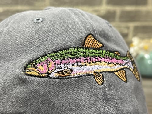 Fishing Baseball Cap for Men Women, Adjustable Embroidered Hat | Fishing Gear, Outdoor Adventure Design, Precision Embroidery Craft, One Size Adjustable Fit - color: Rainbow Trout (Washed Grey)