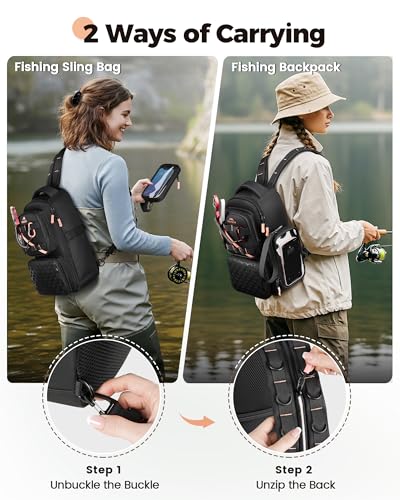 MATEIN Fishing Sling Bag with Lure Rod Holder & Phone Pouch, Waterproof 3600 Tackle Box Backpack with Removable Bait Binder - color: Black-pink