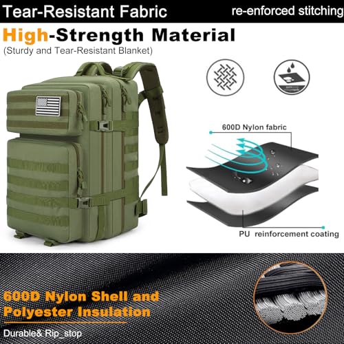 Tactical Backpack 45L Army Military Rucksack, Water Resistant MOLLE Pack, Large 3 Day Bug Out Bag for Men & Women, Durable Outdoor Gear for Hiking, Camping, Hunting, Travel(ArmyGreen) - color: Armygreen