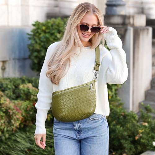 KALIDI Woven Crossbody Bags for Women Travel Vegan Leather Fanny Packs for Woman Cross Body Purse Fashion Belt Bum Bag with Wide Strap - color: Grass Green