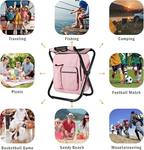 Kikerike Backpack Stool Cooler Chair Heavy Duty 300 LBS Max Load Portable Lightweight Stool Backpack Folding Fishing Cooler Seat for Camping Hunting Fishing - color: Pink