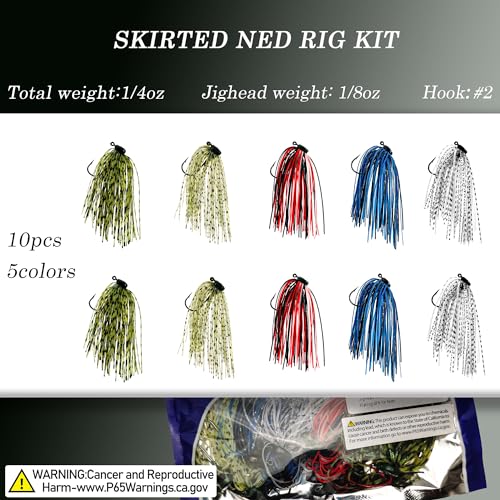 Ned Rig Jig Heads Soft Plastic Worms Fishing Lures Kit, 60/50/10 Pcs Weedless Skirted Mushroom Ned Rigs Jighead Hooks Stick Baits Bass Fishing Lures for Freshwater Saltwater - color: 10 Pcs Skirted Ned Rigs