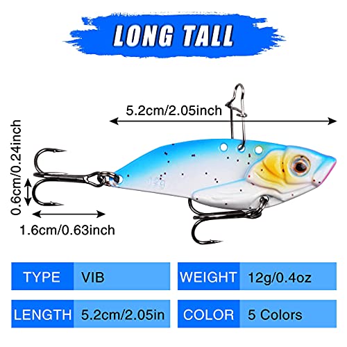 5Pcs Fishing Spoon Lures Metal VIB Hard Spinner Blade Baits with Treble Hooks 3D Eyes Fishing Spoons for Bass Walleyes Trout