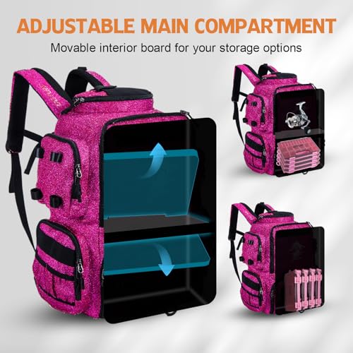 Goture Fishing Backpack, 58L 900D Water-Resistant Insulated Tackle Backpack with Cooler, Rod Holders, 8 Lure Pockets, Detachable Crossbody Bag, Gear Storage Large Fishing Bag for Camping Hiking - color: Bling Pink