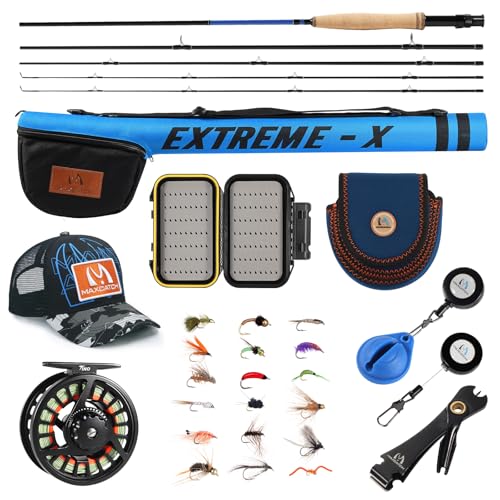 Maxcatch Extreme-X Fly Fishing Rod and Reel Combo, 3-8wt Complete Starter Fishing Outfit with Fly Box, Flies, Rod Clip Holder, Rod Case, Extra Tip Section - size: 8wt-9' 4pc Rod, 7/8wt Reel