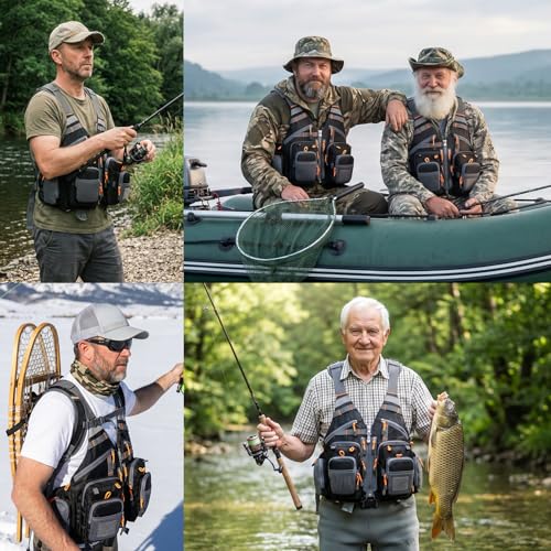 Gonex Fly Fishing Vest for Men Women, Comfortable Adjustable Fishing Vest with Multi-Pockets Reflective Stripes - color: Black+orange