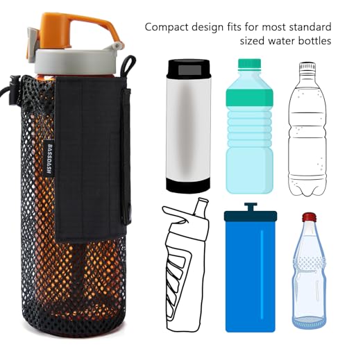 BASSDASH Tactical Molle Water Bottle Pouch with Carabiner Foldable Mesh Holder Bag for Travel Fishing Hunting Hiking Outdoor Activities - color: Black with Molle Straps
