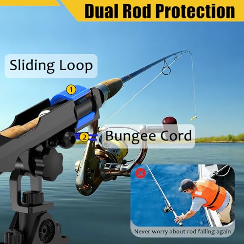 GearTrust 2-in-1 Fishing Rod Holder for Boat Kayak Rod Holder Track Deck Mount, Secure Fishing Pole Holders with Three Tier Rod Protection,Dual T Bolt, Bungee Cord & Sliding Loop
