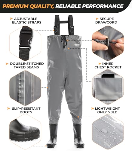 Foxelli Chest Waders - 2-ply Nylon/PVC Waterproof Lightweight Fishing Waders for Men & Women with Boots - size: 11