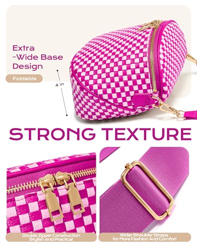 Trendy Woven Checkered Crossbody Bum Bag for Women，PU Leather Checkered Purse Fanny Packs Belt Bag (Woven Bum Bag - Rose White) - color: Woven Bum Bag - Rose White