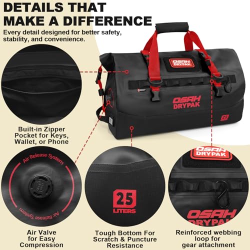OSAH DRYPAK Waterproof Duffel Bag 25L/40L/60L – Heavy-Duty Motorcycle Tail Bag, Roll-Top Dry Bag for Travel, Camping, Boating, Kayaking, Outdoor Adventure - color: BLACK RED, size: 25L