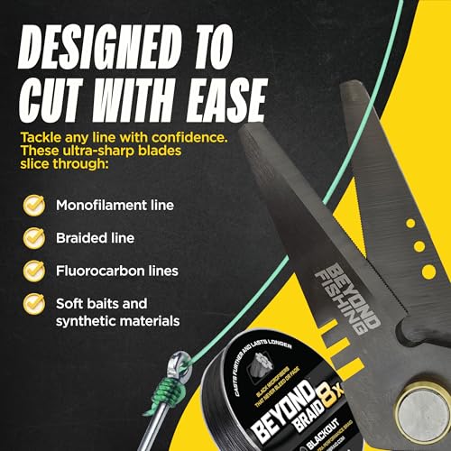 Beyond Fishing 6.5" Pro Fishing Shears Dual Serrated Blades, Fishing Braided Line Scissors with Titanium Coating, Non-Slip Grip & Multifunction Tool, Includes Hard Molded Locking Sheath - color: Pro - Yellow