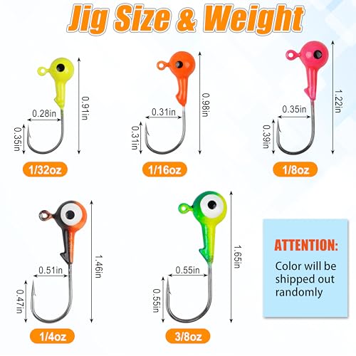 Fishing Jig Head Hooks Round Ball Head Jigs Hook Crappie Jig Lure Hook Kit Fishing Lures Jig Head Baits Assorted 1/32oz, 1/16oz, 1/8oz, 1/4oz, 3/8oz - size: 1/8oz,40 pack