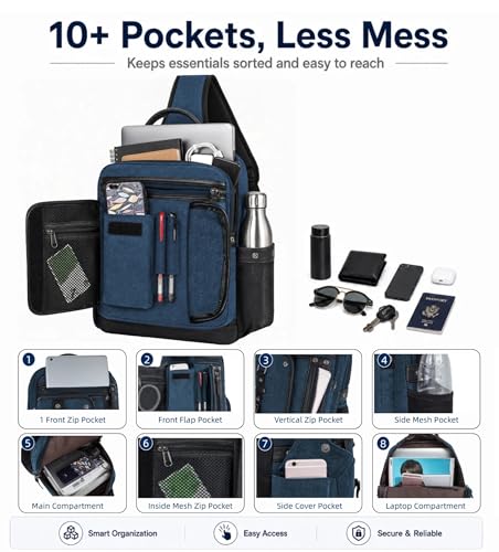 Cross Body Bag for Men: Large Canvas Sling Backpack Messenger Bag Fits 15.6 Inch Laptop for Work Commute - color: Dark Blue, size: X-Large