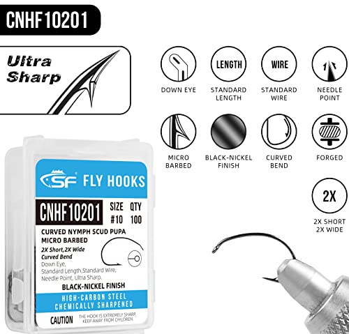SF Fly Tying Hooks Ultra Sharp High Carbon Steel for Nymphs Wet Traditional Dry Streamers Eggs Jig Poppers Emergers Terrestrial Flies with Mini Box 100Pcs - size: #12 Black Nickel 100Pcs, style: Curved Nymph Scud Pupa Micro Barbed