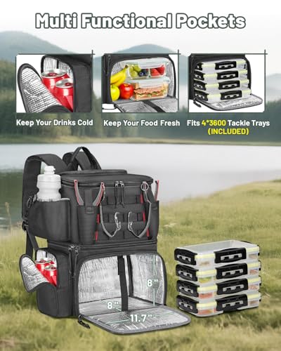 MATEIN Fishing Backpack with 4 Tackle Boxes, Fishing Bag with Rod Holder & Safety Compass & Cooler, Gifts for Fishermen - color: Black