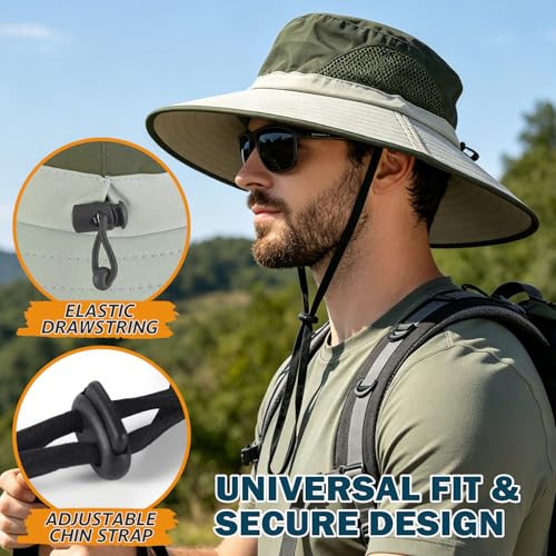 Wide Brim Sun Bucket Hat, Waterproof Boonie Hat for Men & Women | UPF 50+ UV Protection, Adjustable Fit, Chin Strap & Sweatband, Foldable Durable for Fishing Hiking Garden Beach - color: 02 Beige+army Green