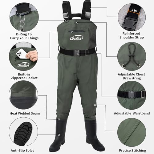 Fishing Waders for Men & Women, Waterproof 2-Ply Nylon/PVC Chest Wader with Boots for Outdoor Sizes 4-13 Bootfoot - color: Green, size: US-M9/W11