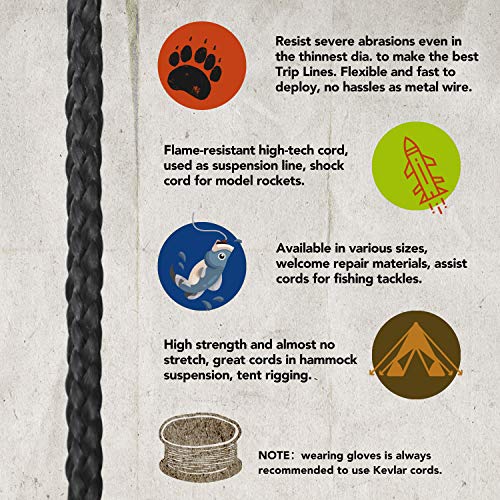 emma kites 100% Black Kevlar Braided Cord (0.4~4.6mm Dia, 50lb~1700lb) High Strength, Abrasion Flame Resistant, Tough Survival Tactical Cord Model Rocket Paracord Snare Line Fishing Assist Cord - size: 1050Lbs&core | 50Ft