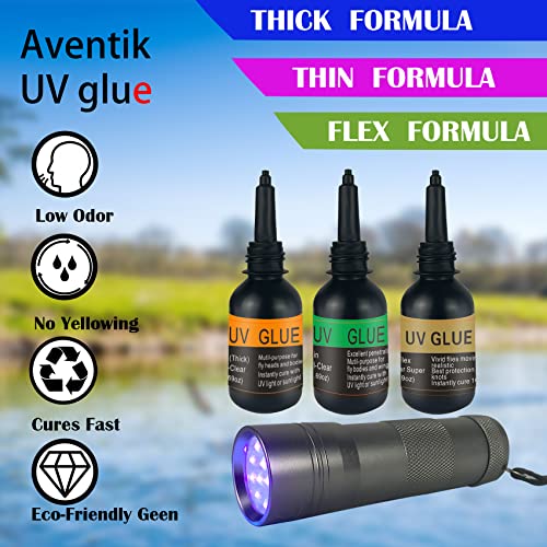 Riverruns UV Clear Glue Three Formula Thick,Thin and Super Flew +12 LED UV Power Light Fly Tying for Building Flies Flies Heads Bodies and Wings Tack Free - color: UV flex glue