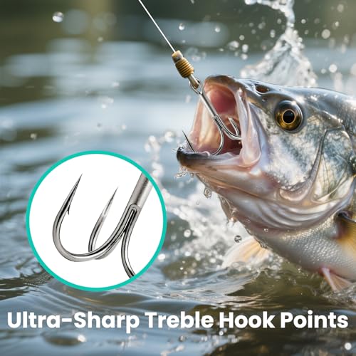 Fishing Hooks Treble Hooks Kit, 50pcs(Size#2#4#6#8#10),High Carbon Steel Strong Sharp Round Bend for Catfish Trout Hard Baits Lures,Saltwater Freshwater