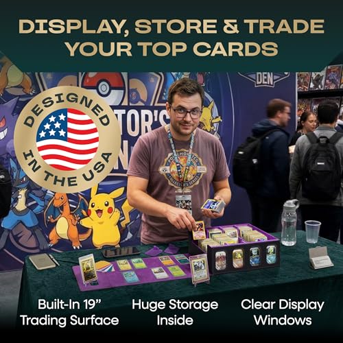 4-row Trading Card Storage Box with Display Windows | Magnifier Ruler, 2 Display Stands, 7 Cardholders & 24 Category Tabs Included | 3000+ Card Case with Magnetic Closure, Black Purple Card Box - color: Black, Purple (4 Row)