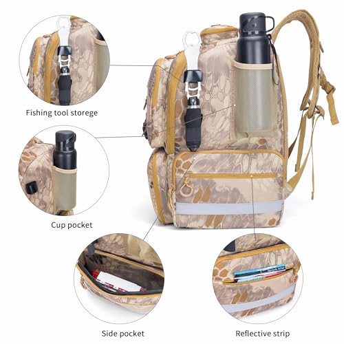 Rabjen Fishing Tackle Backpack, 45L Storage Waterproof Travel Bag Store Fishing Gear with Insulated Top Pocket - color: Camouflage Khaki, style: Standard Size 4 Tackle Boxes Not Included 900d Nylon
