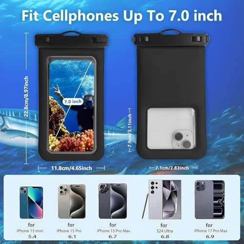 Floatable Waterproof Phone Pouch Case 2 Pax for iPhone 17 16 Pro Max/15/14/13/12, IP68 Travel Cellphone Dry Bag Beach Cruise Ship Essentials Bags with Crossbody Lanyard,Pink and Black-7″ - color: A07-Pink and Black