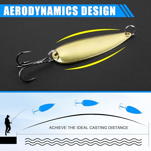 Fishing Spoons Fishing Lures Kit, 5pcs Gold Metal Jigging Casting Lure Trolling Spoon with with Treble Hooks for Trout Salmon Bass Walleye Trout - size: 3/8oz(10g)