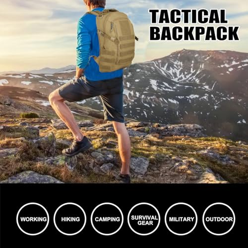 Small Tactical Hiking Backpack, 12L MOLLE Bookbag Daypack for Travel | MOLLE webbing expands carry options;compact,lightweight design fits hiking,school,camping,travel and daily use - color: Tan