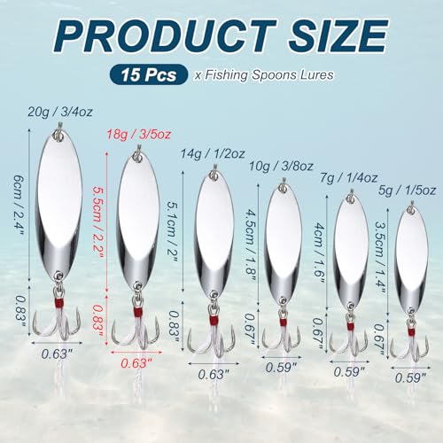 Fishing Spoons Lures, Metal Saltwater Treble Trout Lures Jigging Spoon with Treble Hooks Spinner Baits for Freshwater - color: Silver, size: 18g / 3/5oz