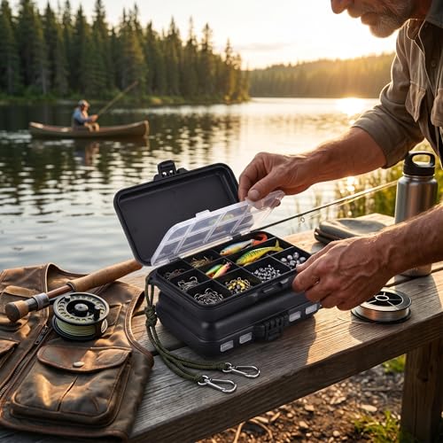 Pissente Fishing Tackle Box, Double Sided 9-Compartment Storage Case with Clear Lids for Lures Hooks Weights, Small Portable Tackle Organizer for Anglers