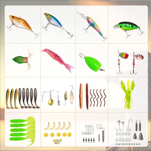 FONMANG 322-Piece Fishing Lures Kit - Buzz Bait/Spinner Baits/Jig/Frog, Fishing Tackle Box with Tackle Included, Soft Bait/Hooks/Weights, Fishing Gear Lure Kit Gift for Men Freshwater Bass Trout - color: B-153pcs Freshwater Fishing Kit